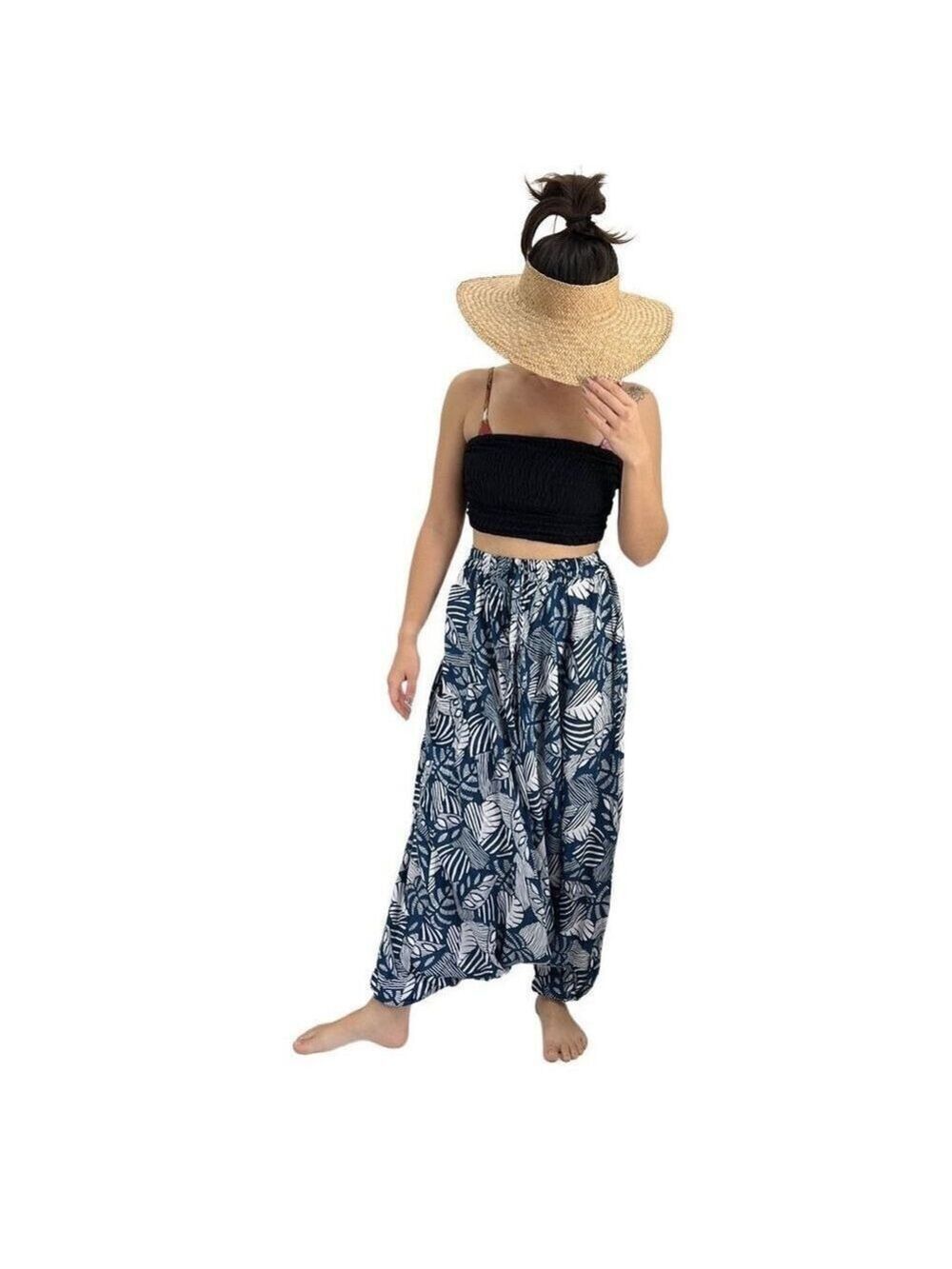 Apau ~ Gender Fluid Alladin Gypsy Pants Blue White Tropical Floral Leaf Design